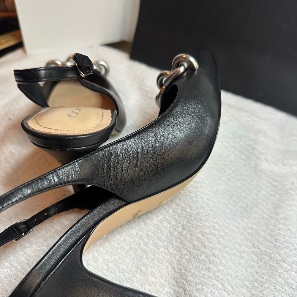 NWOT Coach Black sling back Heels with Silver Chain Accent - Picture 12 of 13